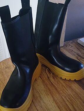 Black Platform Chelsea Boots with Yellow Sole - Women